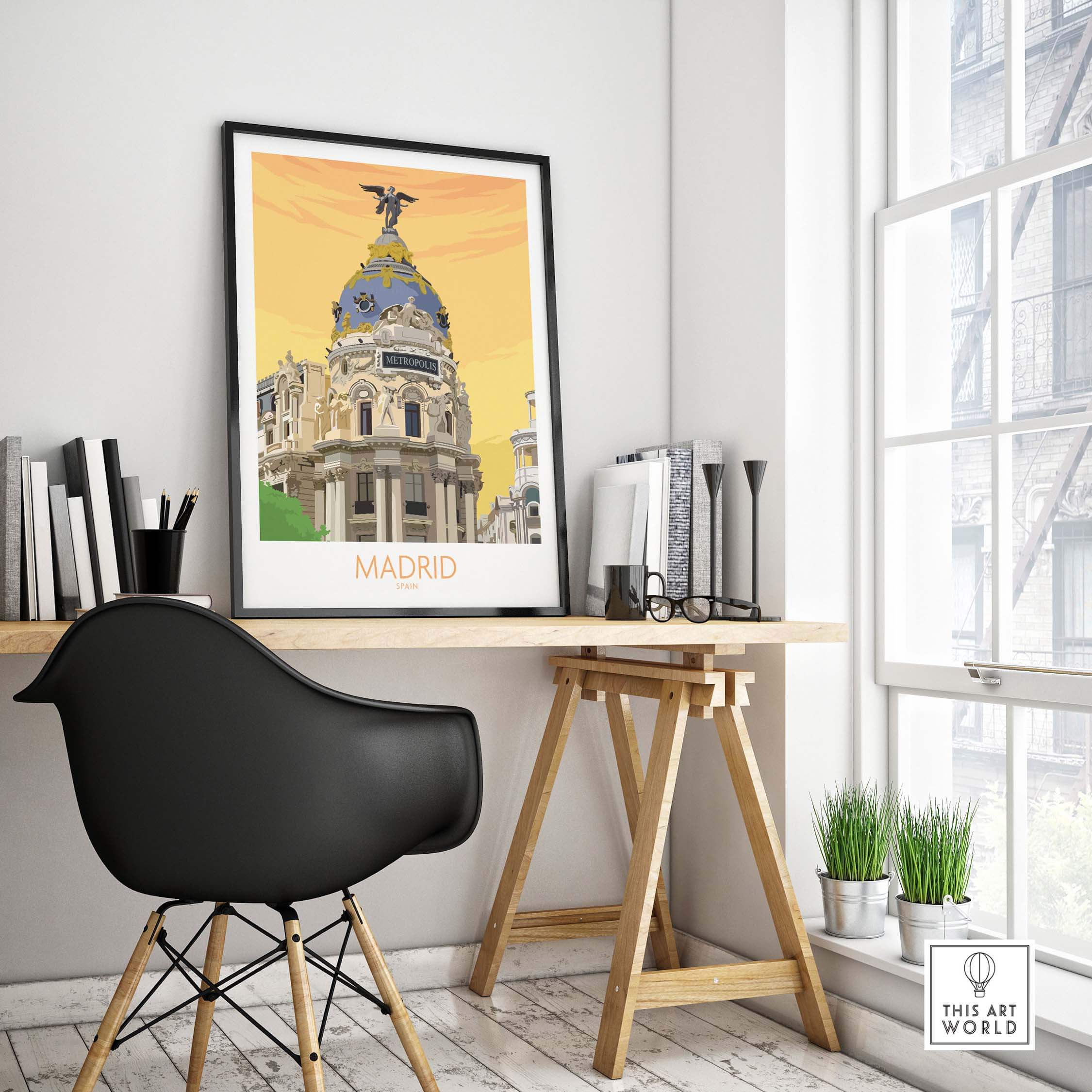 Madrid Print Spain Poster displayed on a stylish desk, capturing vintage travel art and wanderlust.