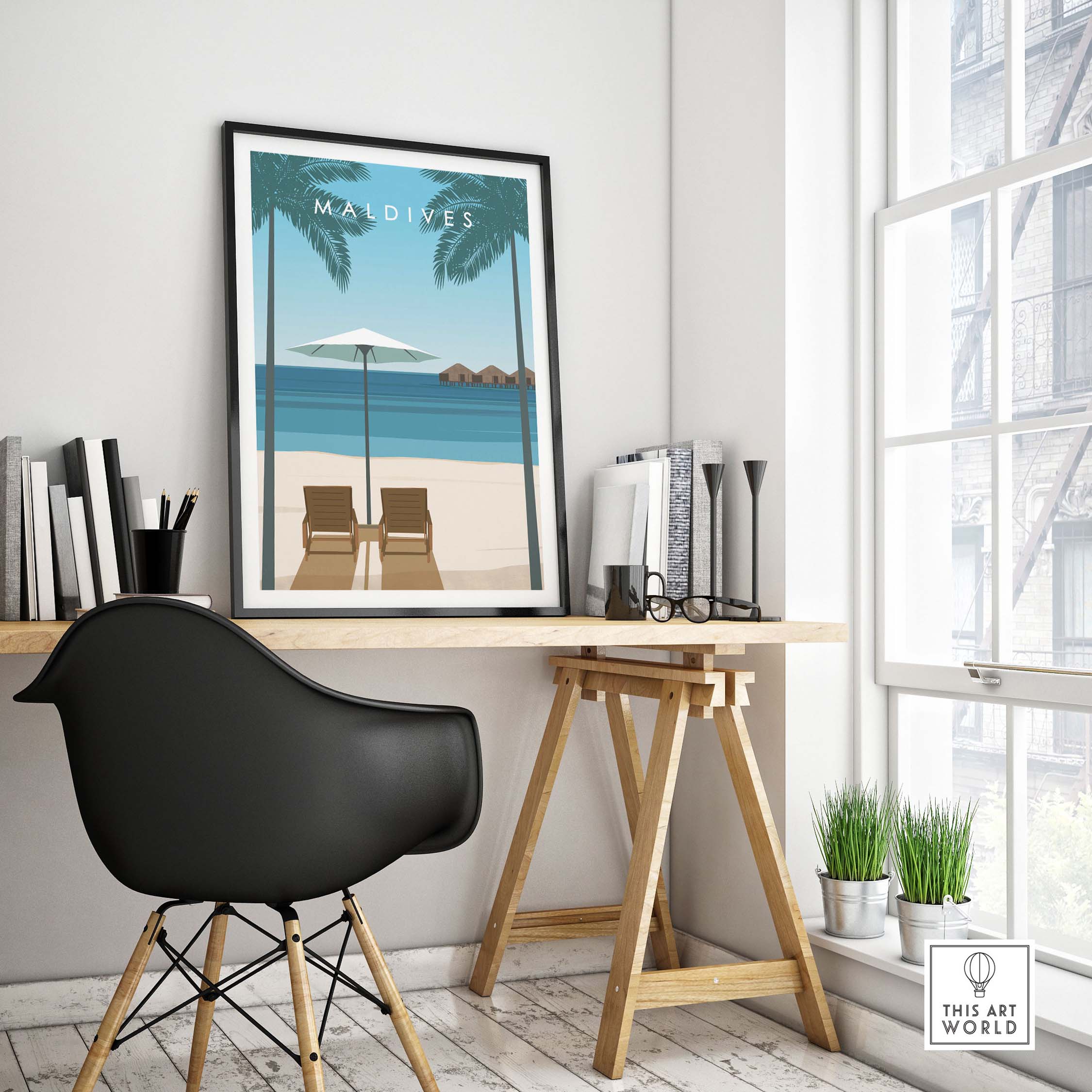 Maldives poster featuring beach chairs and palm trees, perfect décor for a home or office inspired by tropical paradise.