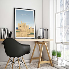 Mallorca wall art poster displayed in a modern workspace with stylish decor and natural light.