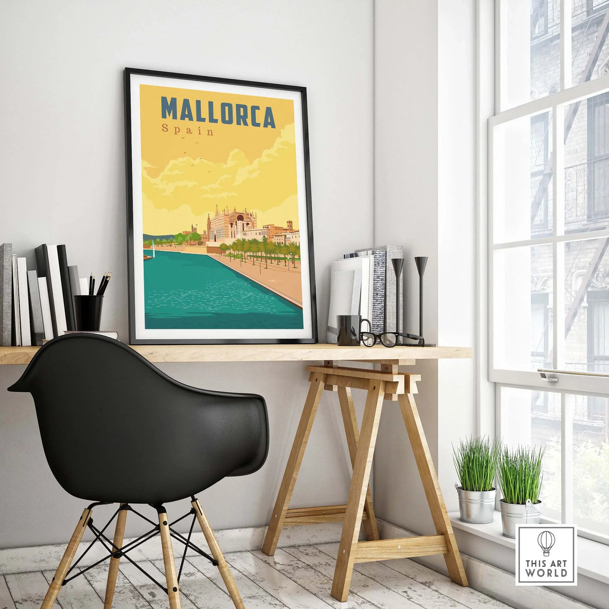 Mallorca Spain print displayed in a modern workspace, capturing vintage travel art and coastal scenery.