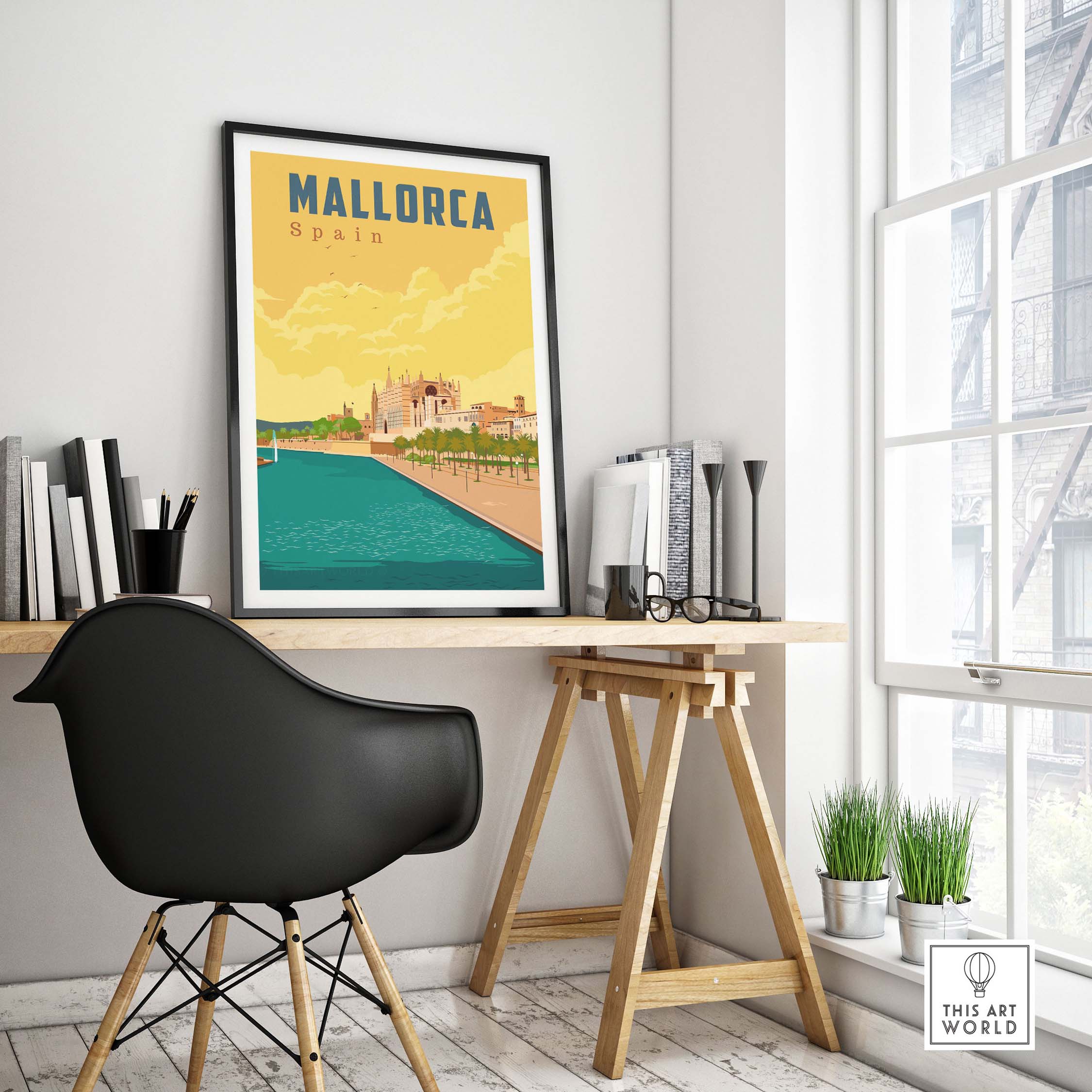 Mallorca Spain print displayed in a modern workspace, capturing vintage travel art and coastal scenery.