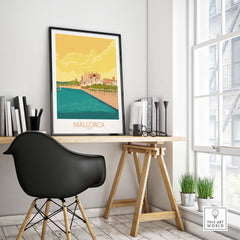 Vintage Mallorca travel poster in stylish office setting, capturing wanderlust and nostalgia.