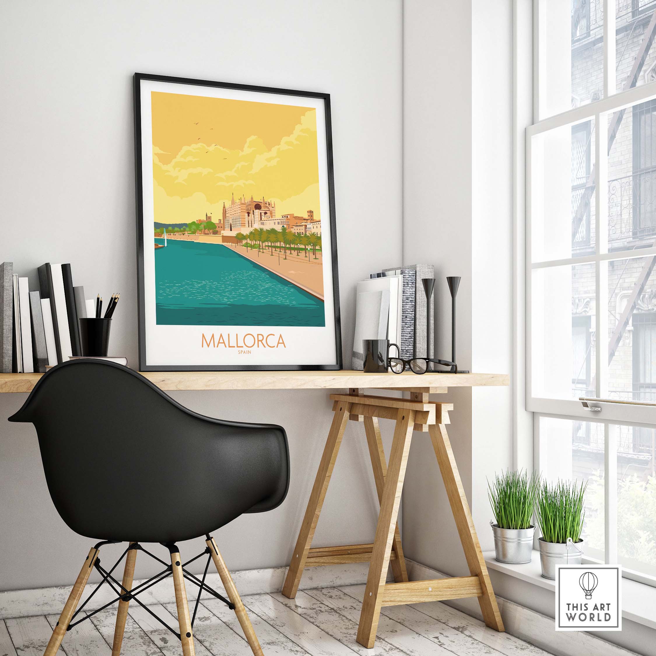 Vintage Mallorca travel poster in stylish office setting, capturing wanderlust and nostalgia.