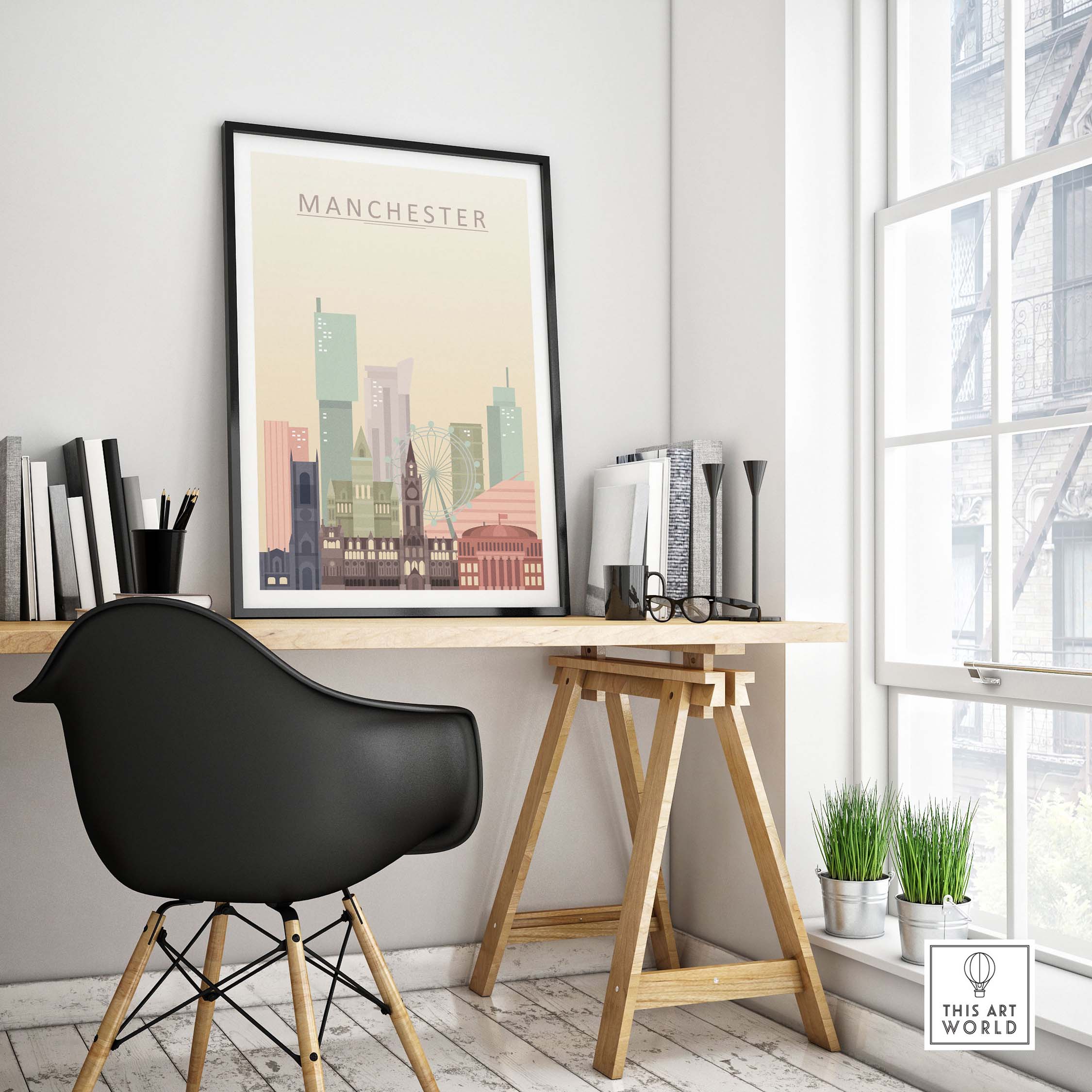 Manchester City Skyline Print wall art displayed in a modern workspace with a stylish chair and natural light.