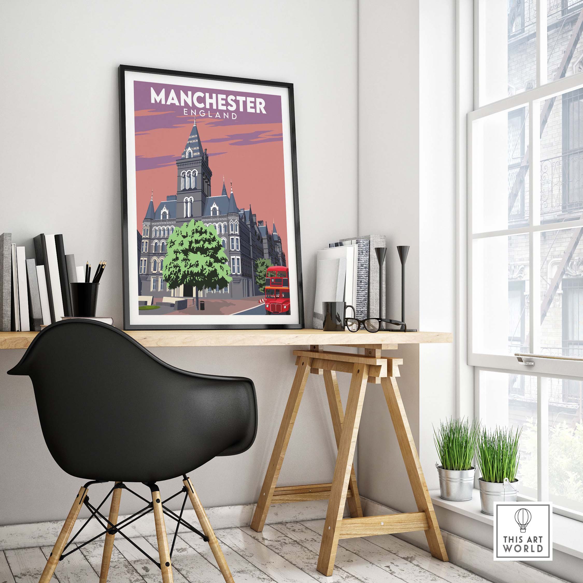 Manchester Poster Print displayed in a stylish office setting with a modern desk and decorative elements.