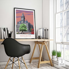 Manchester Art Print displayed in a stylish office setting, featuring vintage travel aesthetics and modern design.