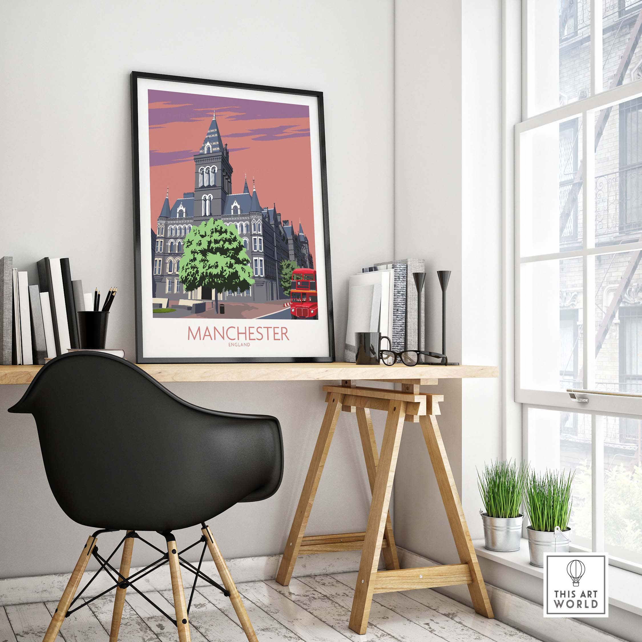 Manchester Art Print displayed in a stylish office setting, featuring vintage travel aesthetics and modern design.