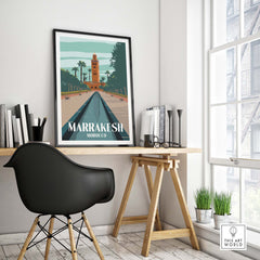 Marrakesh Print Morocco Poster displayed in a stylish home office setting, showcasing vintage travel art.