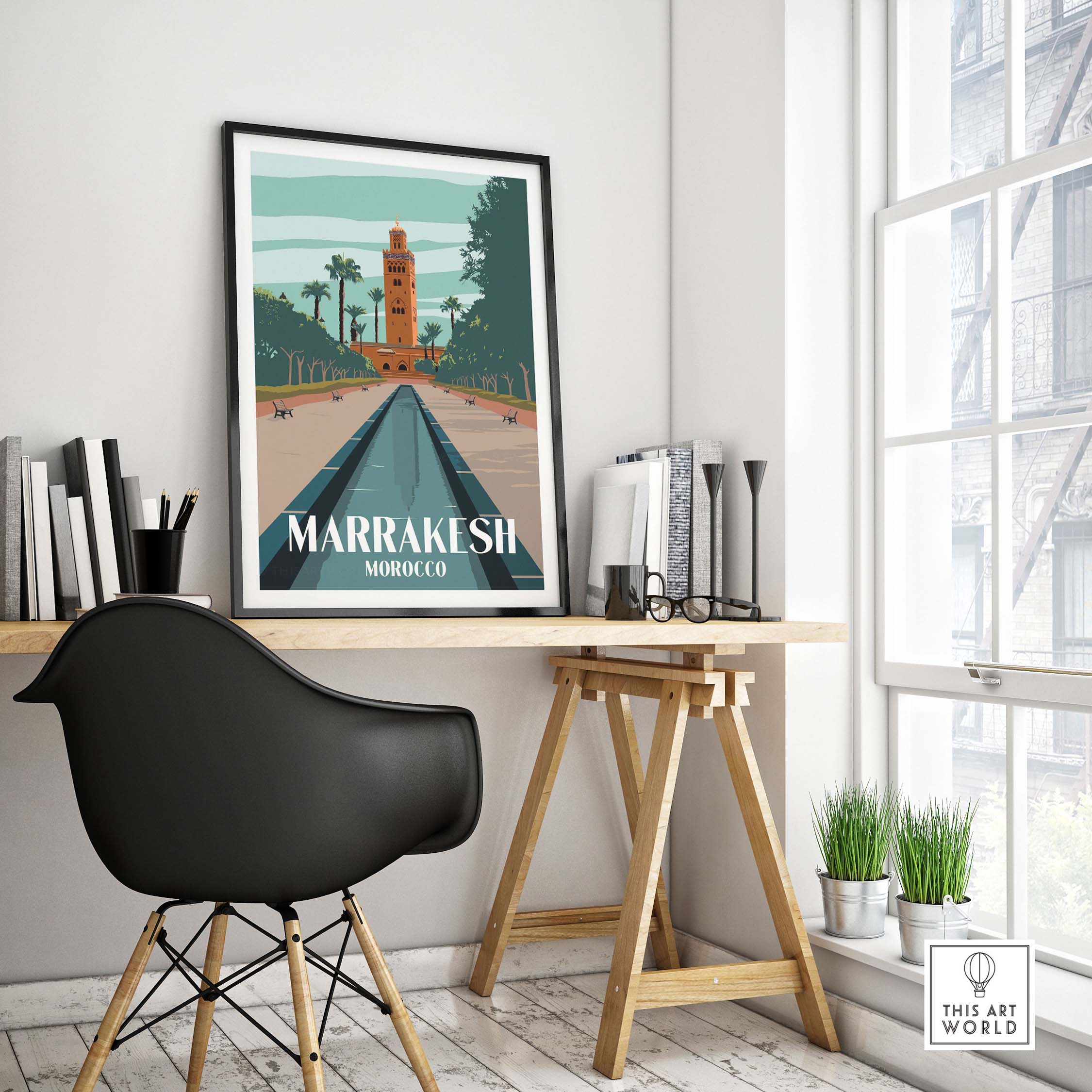 Marrakesh Print Morocco Poster displayed in a stylish home office setting, showcasing vintage travel art.