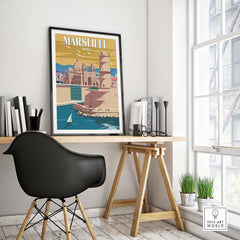 Stylish Marseille Print France displayed on a wall in a modern office, showcasing vintage travel poster design.