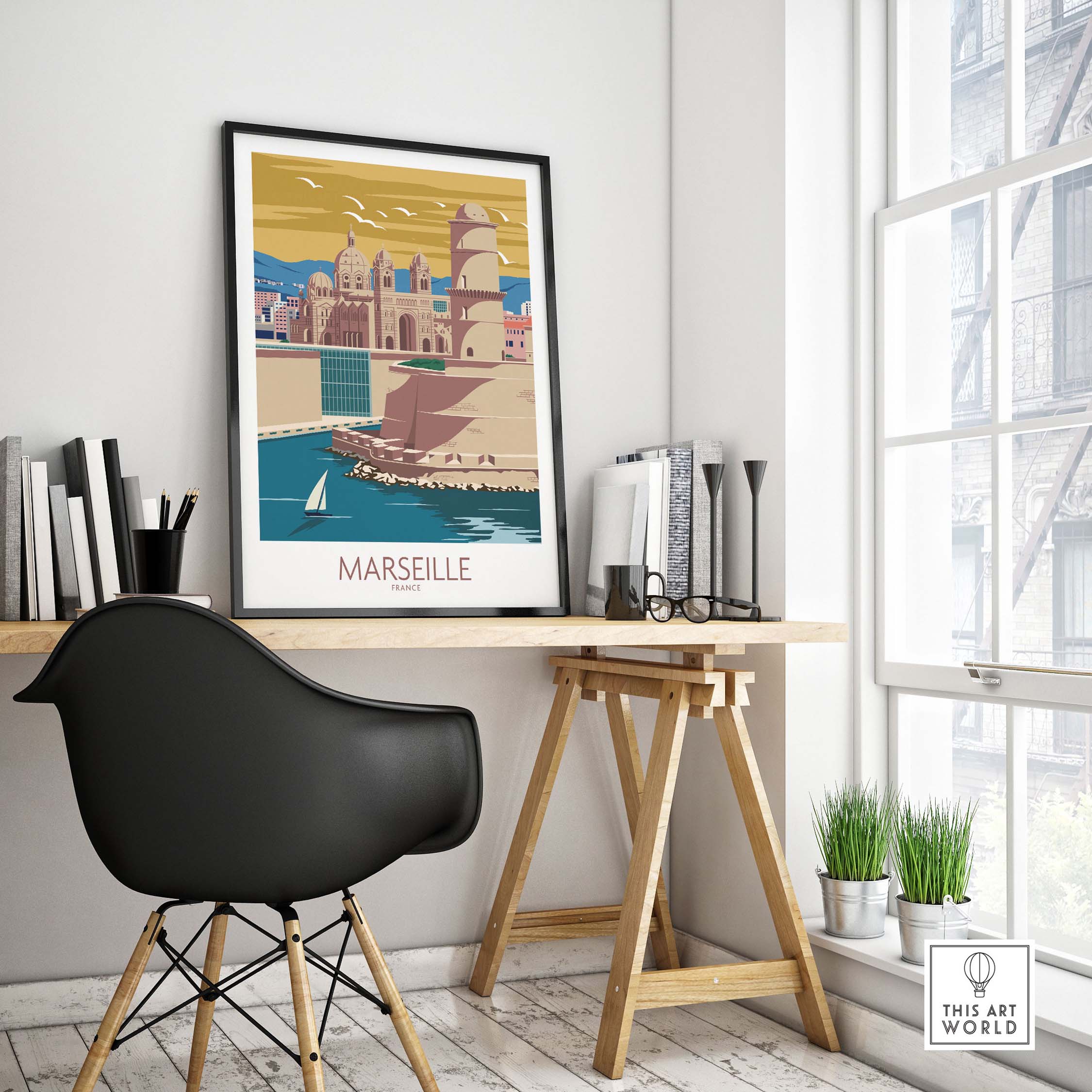 Marseille Poster Wall Art displayed in a stylish room with a black chair and desk, showcasing vintage travel design.