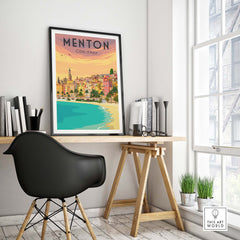 Menton France vintage print poster displayed in a stylish office setting with a contemporary chair and natural light.