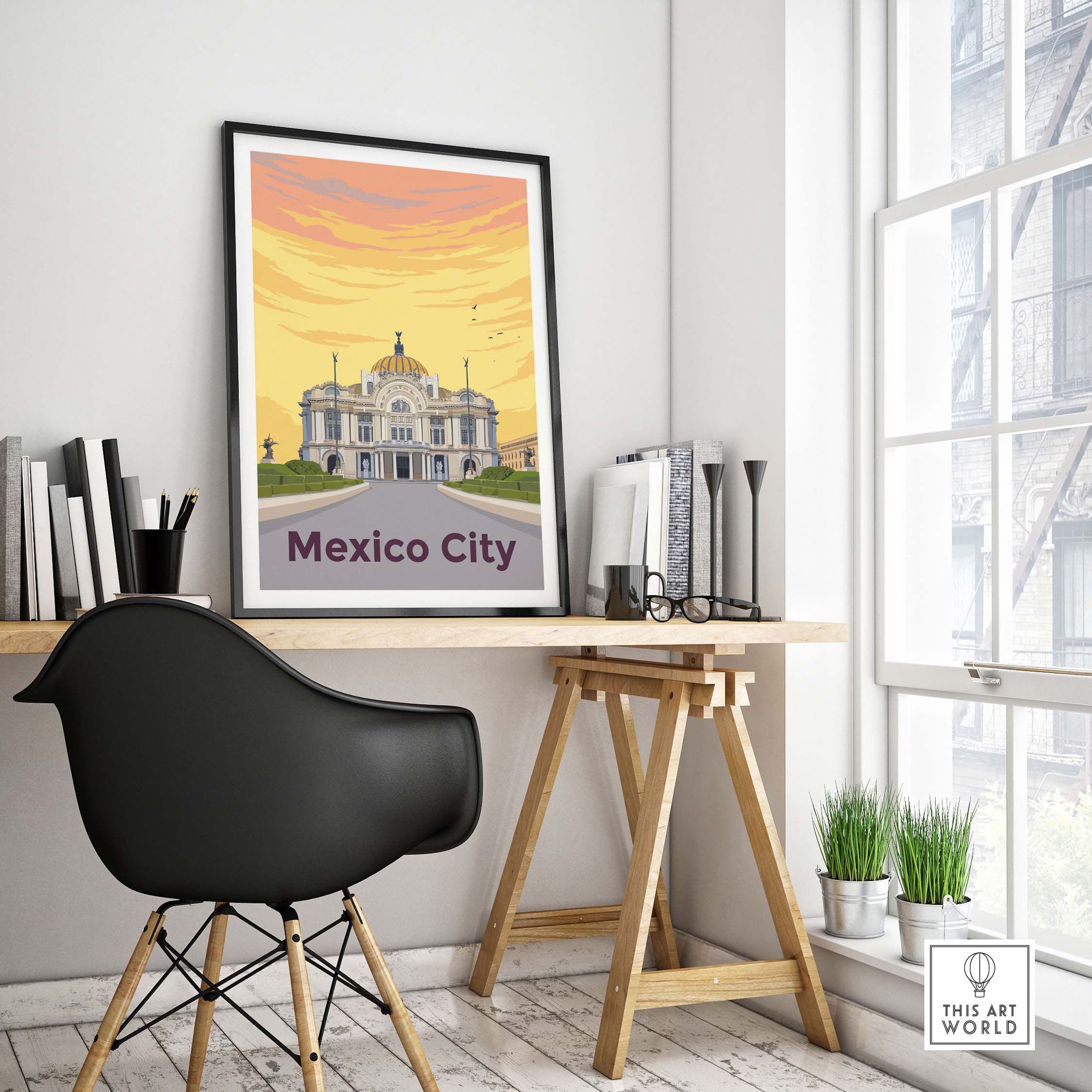 Mexico City Print Poster Wall Art featuring Palacio de Bellas Artes in a stylish home office setting.