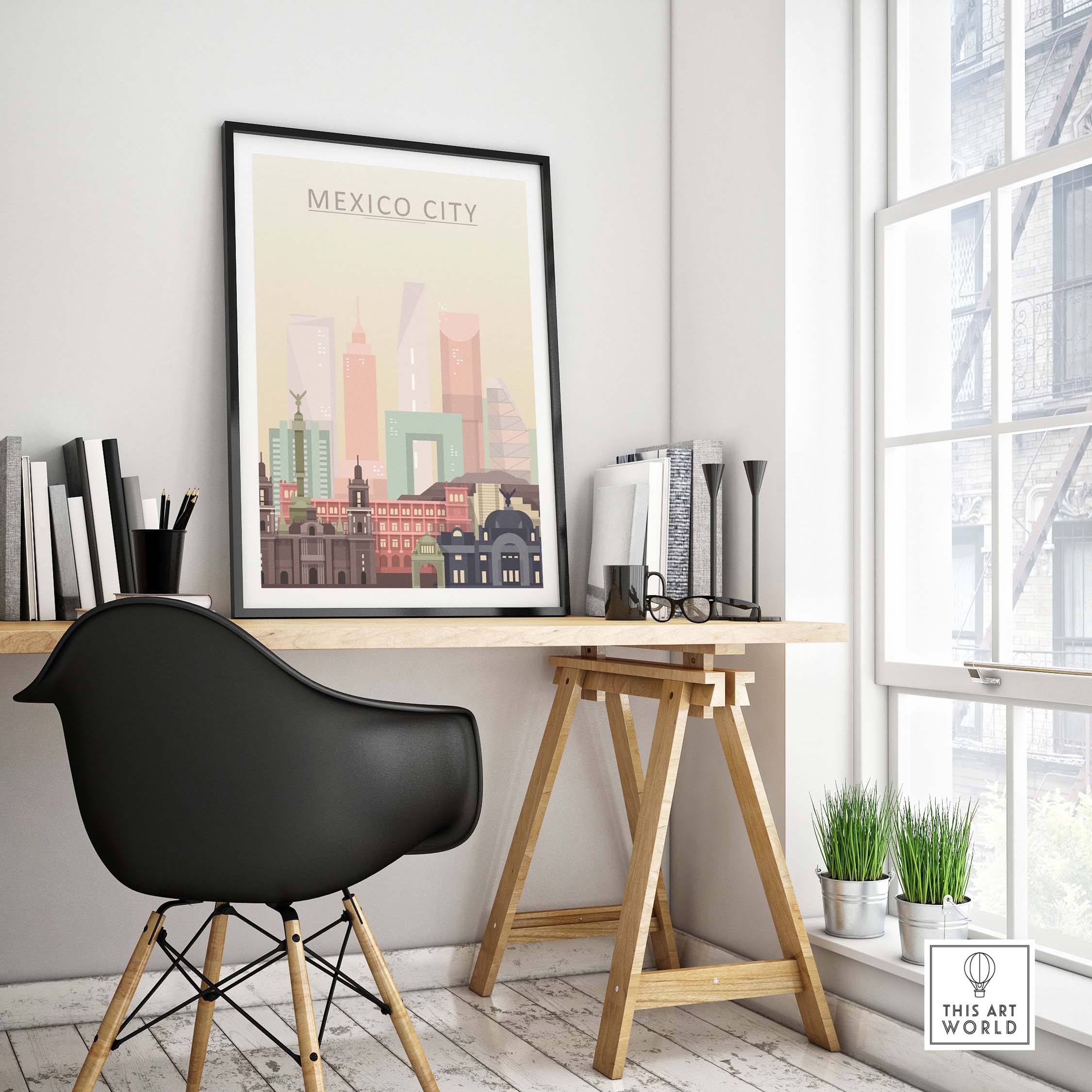 Mexico City skyline wall art print displayed in a modern interior with a black chair and wooden desk.