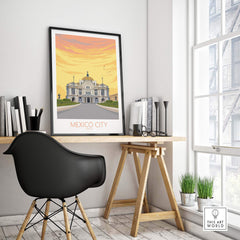 Mexico City poster print displayed in a stylish home office setting, featuring vintage travel art.