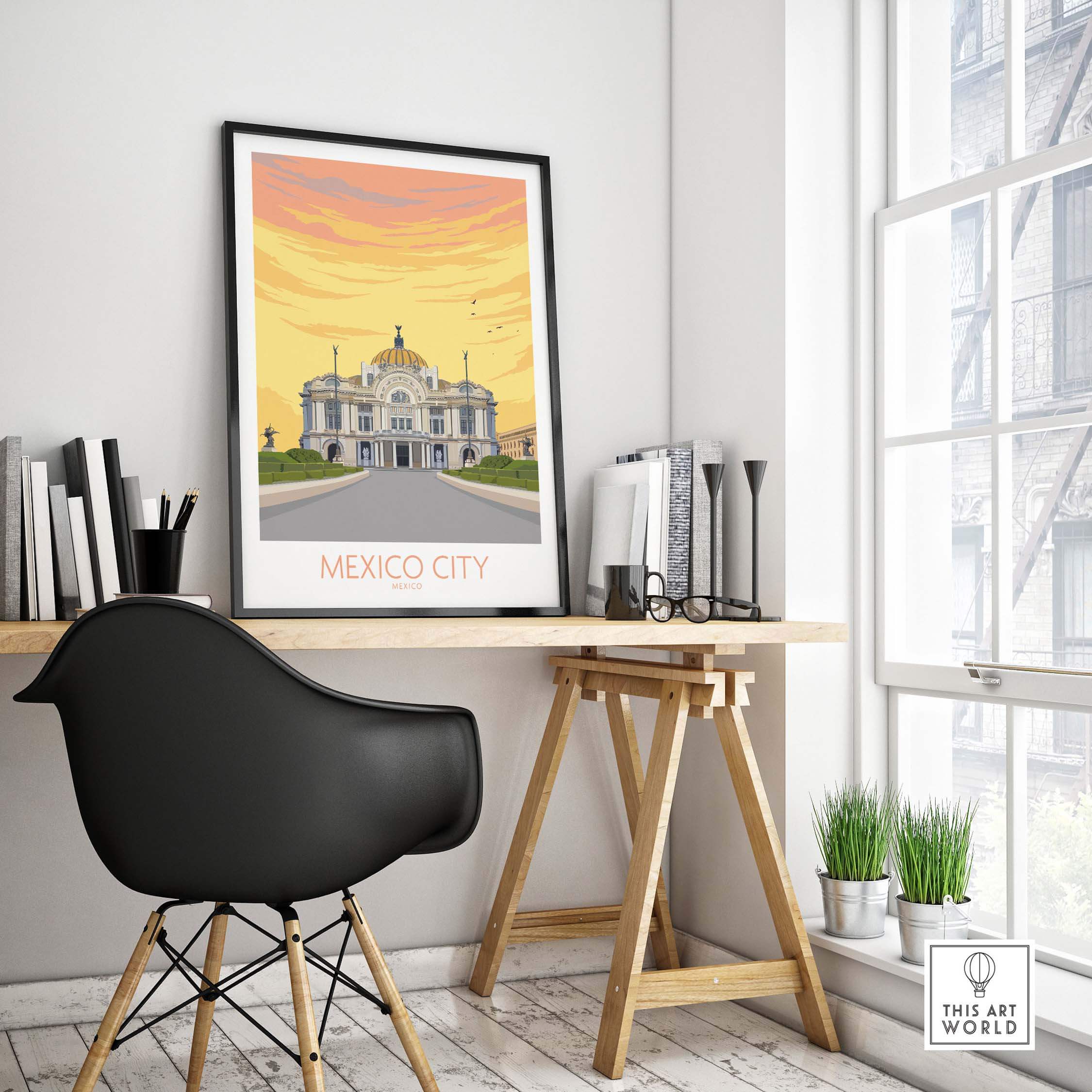 Mexico City poster print displayed in a stylish home office setting, featuring vintage travel art.