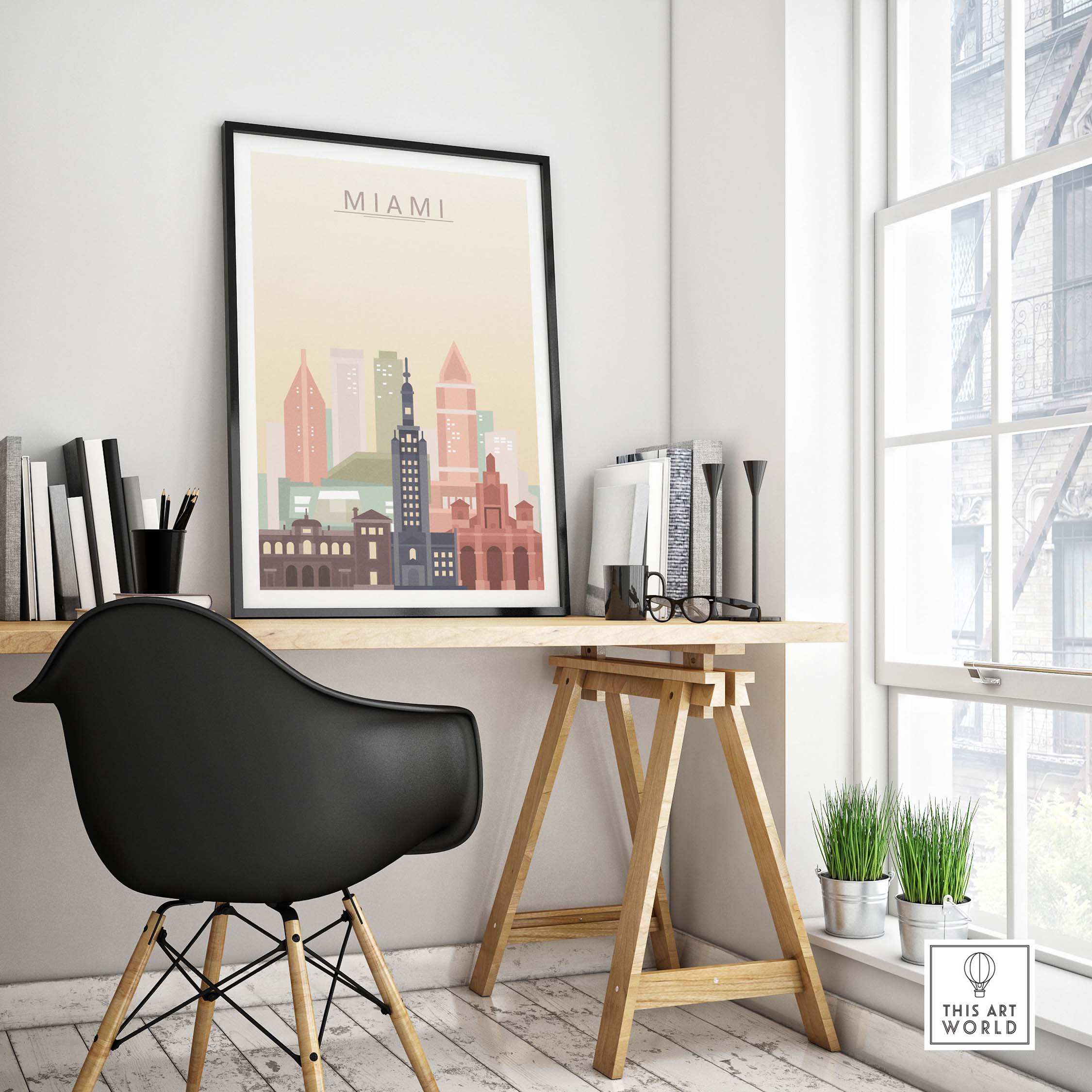Miami skyline wall art print displayed in a modern home office setting with stylish decor and warm pastel tones.