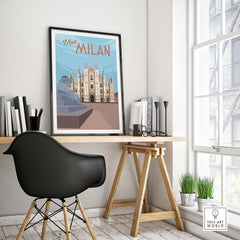 Milan vintage travel poster art in a modern office setting, showcasing architectural beauty and wanderlust.