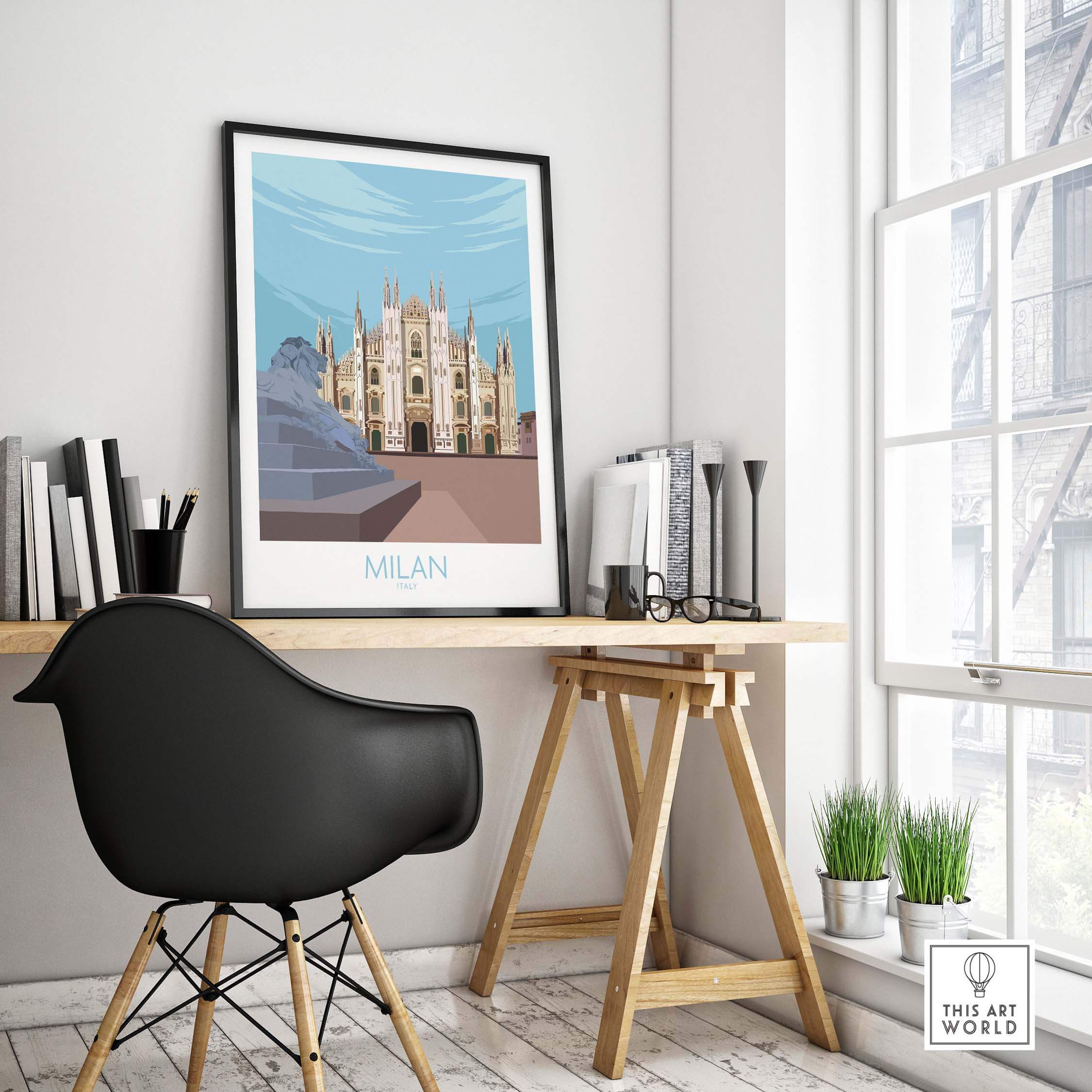 Milan Print Italy Poster displayed in a stylish office setting with modern furniture and natural light.