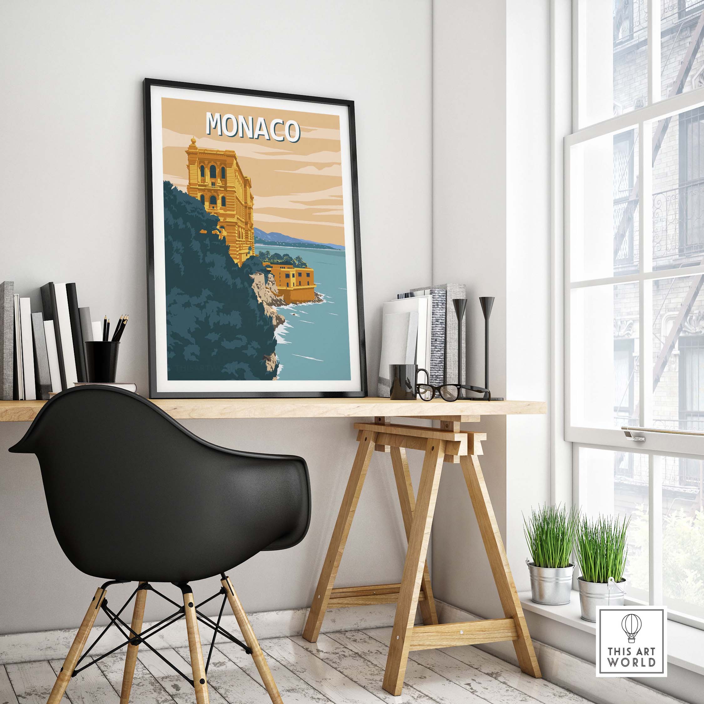 Monaco Wall Art Print featuring a coastal scene, displayed in a stylish workspace with minimalist decor.