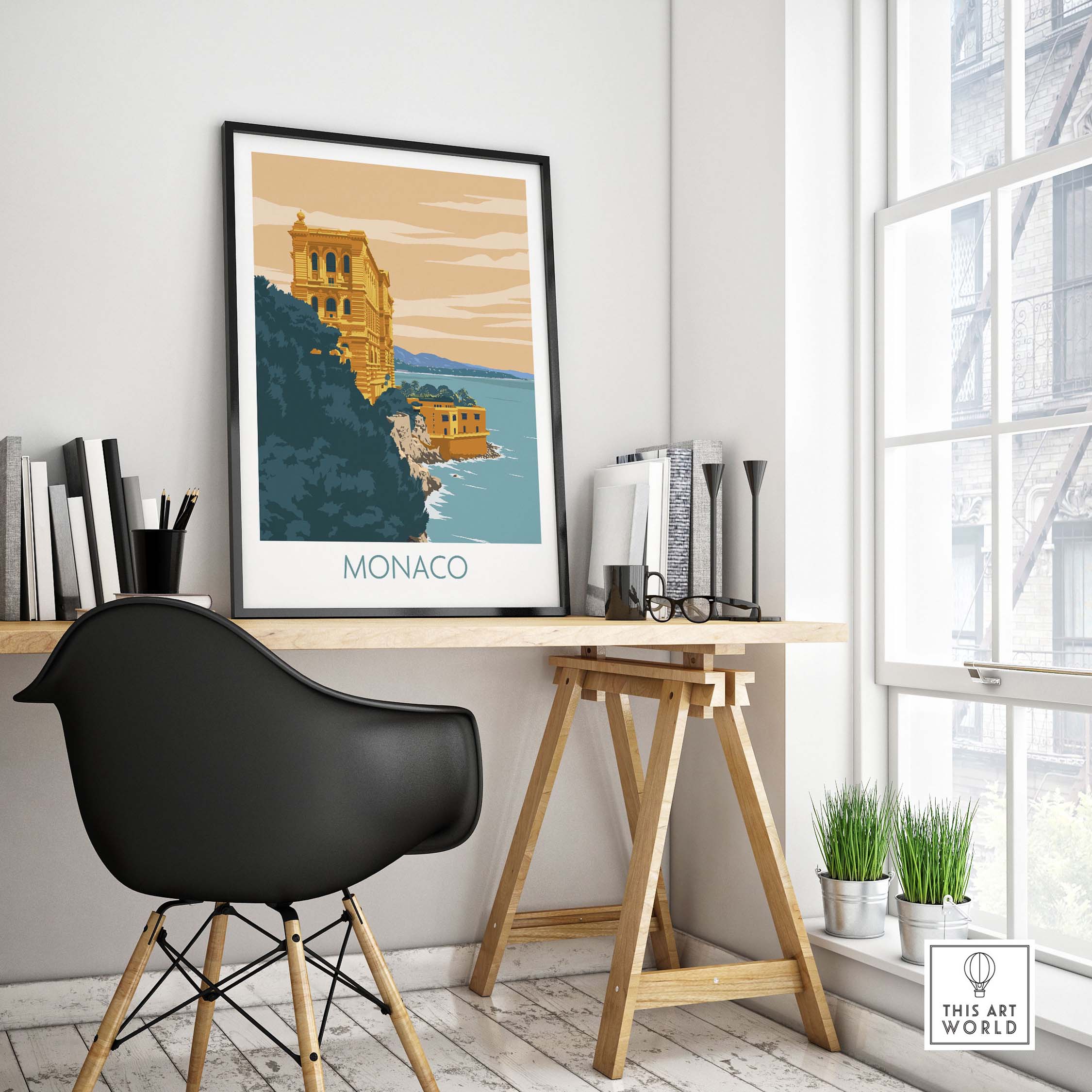 Monaco Poster Print showcasing vintage-inspired travel art in a modern minimalist style, perfect for home or office decor.