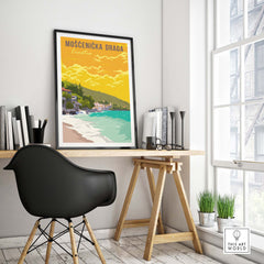 Mošćenička Draga Croatia vintage travel poster print displayed in a stylish home office setting.