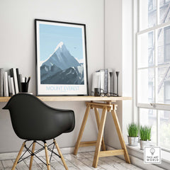 Mount Everest print travel poster displayed in a modern office with stylish decor and natural light.