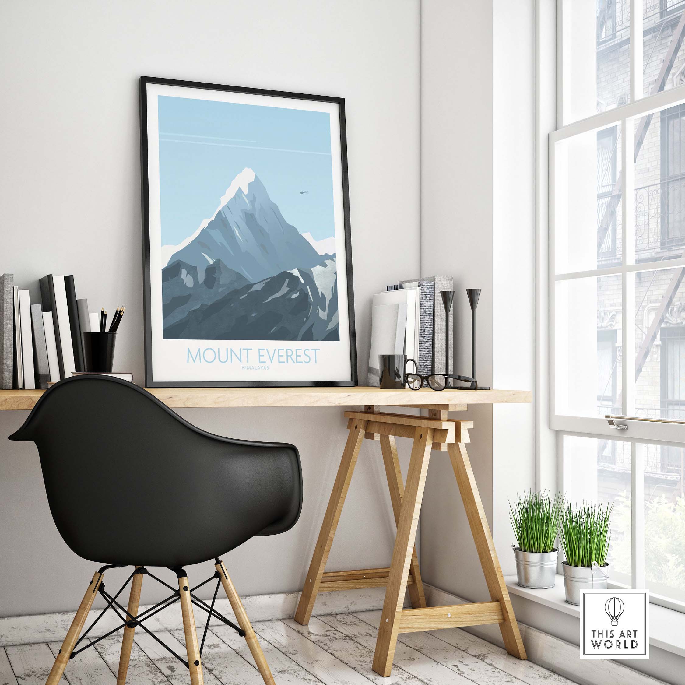 Mount Everest print travel poster displayed in a modern office with stylish decor and natural light.