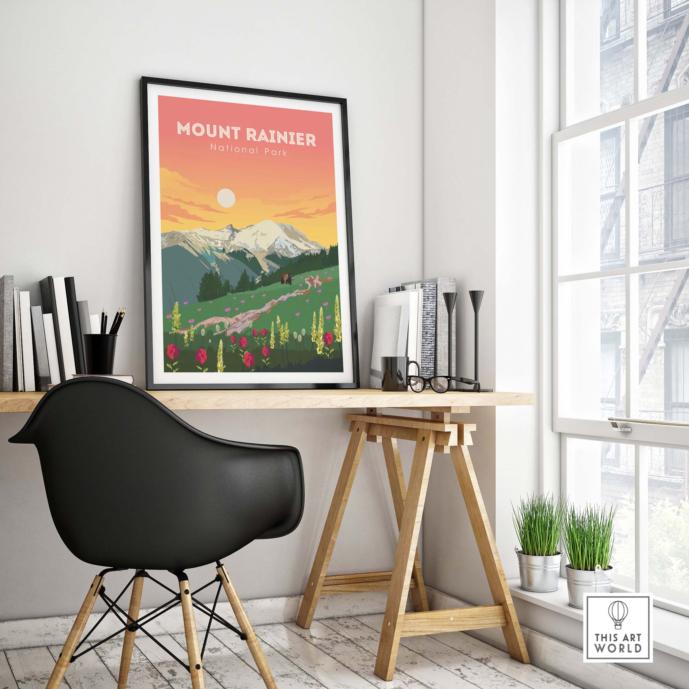 Mount Rainier Print in a stylish office corner showcasing nature-inspired wall art and design.