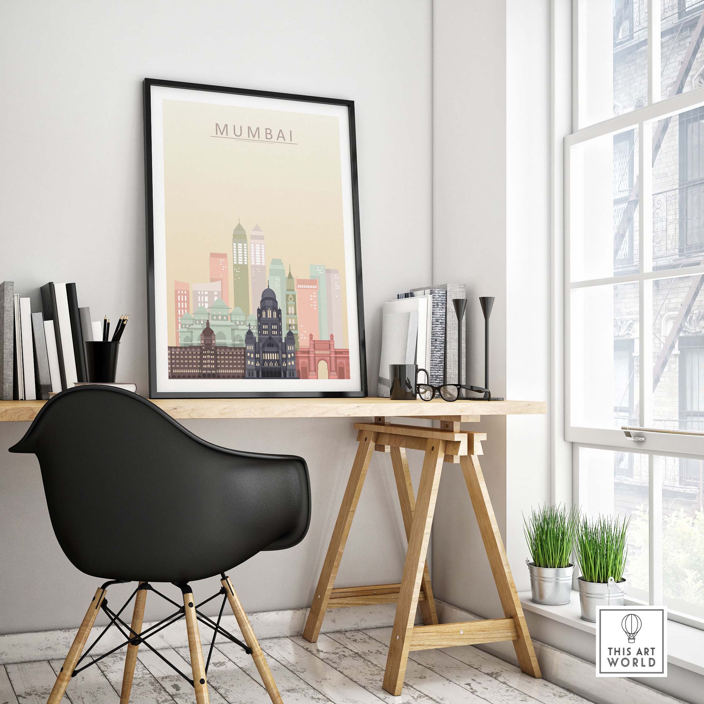 Mumbai skyline wall art print displayed in a stylish workspace with modern decor and warm pastel tones.