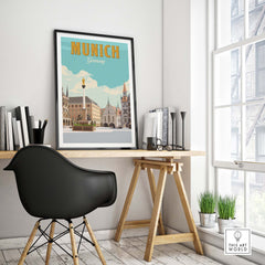 Munich Germany print on wall in a minimalist home office setting, showcasing vintage travel art.