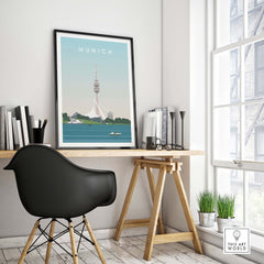 Munich print travel poster displayed in a modern home office, showcasing vintage-style artwork with skyline and TV tower.