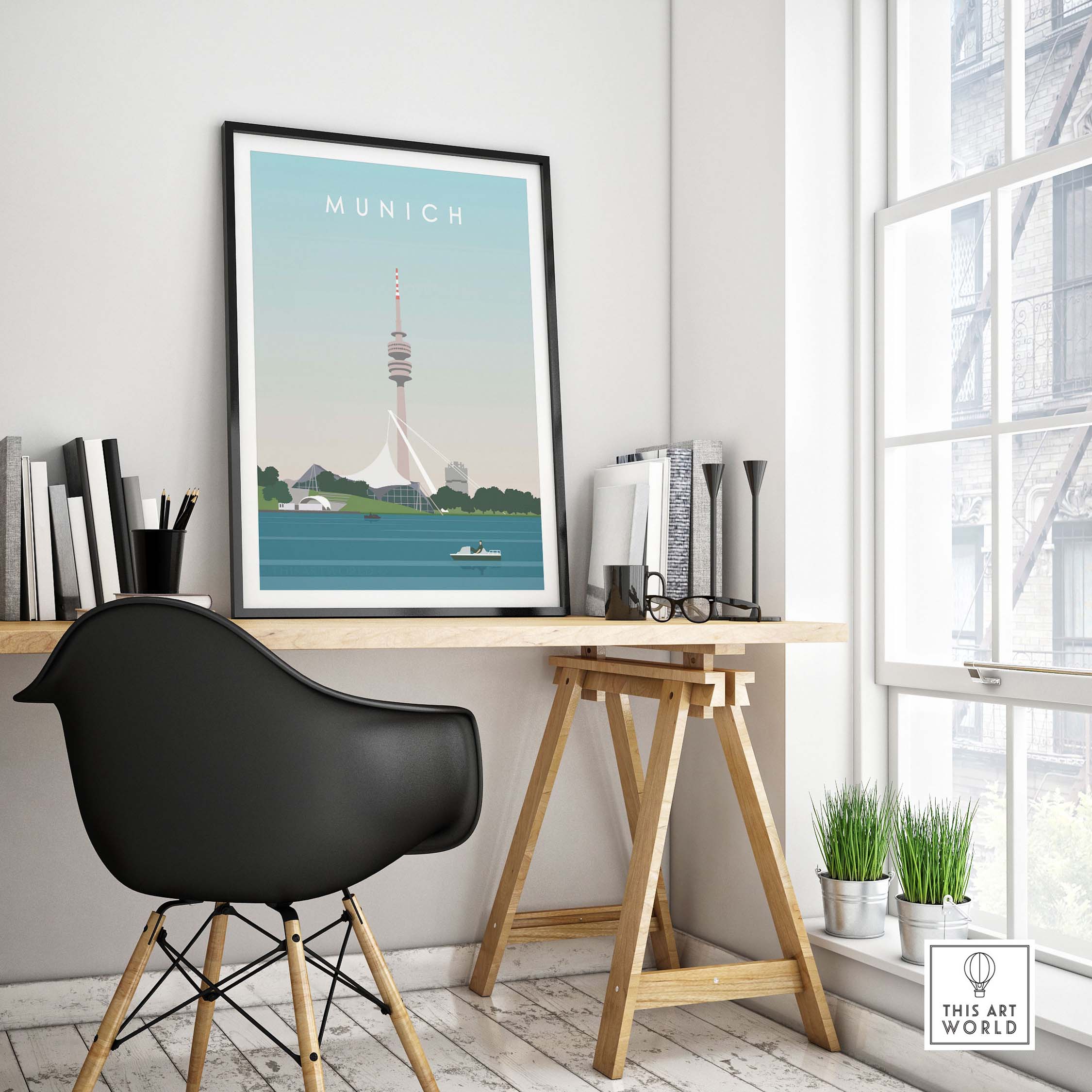 Munich print travel poster displayed in a modern home office, showcasing vintage-style artwork with skyline and TV tower.