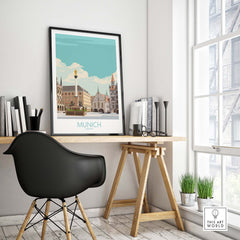 Munich travel poster displayed on a wall above a stylish desk with modern decor, embracing vintage minimalist art.