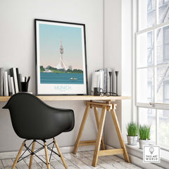 Munich Poster displayed in a stylish home office, highlighting vintage travel art for wanderlust enthusiasts.