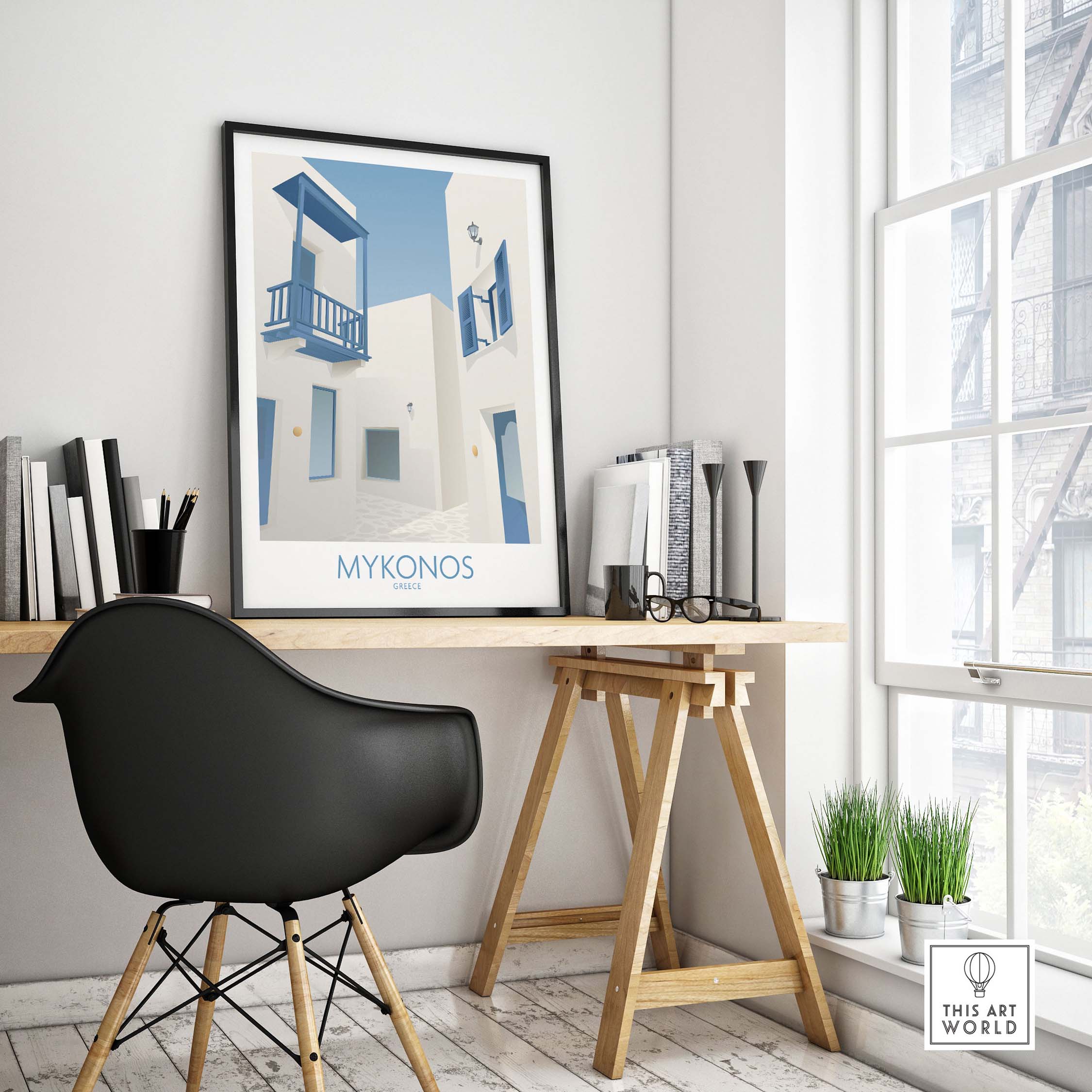 Mykonos wall art print displayed in a stylish office setting, evoking travel wanderlust and vintage aesthetics.