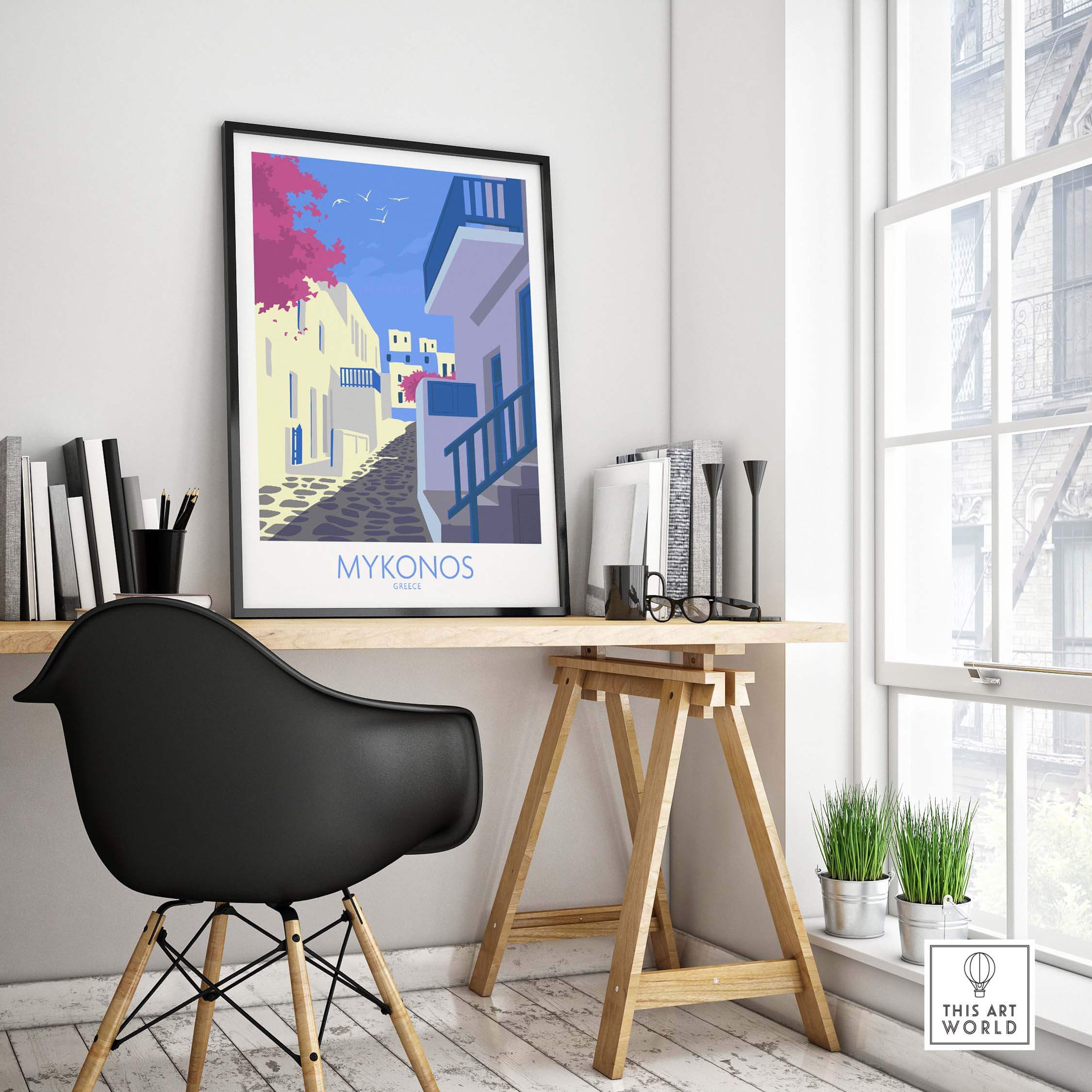 Mykonos Print Travel Poster displayed in a stylish home office setting, featuring colorful vintage-inspired artwork.
