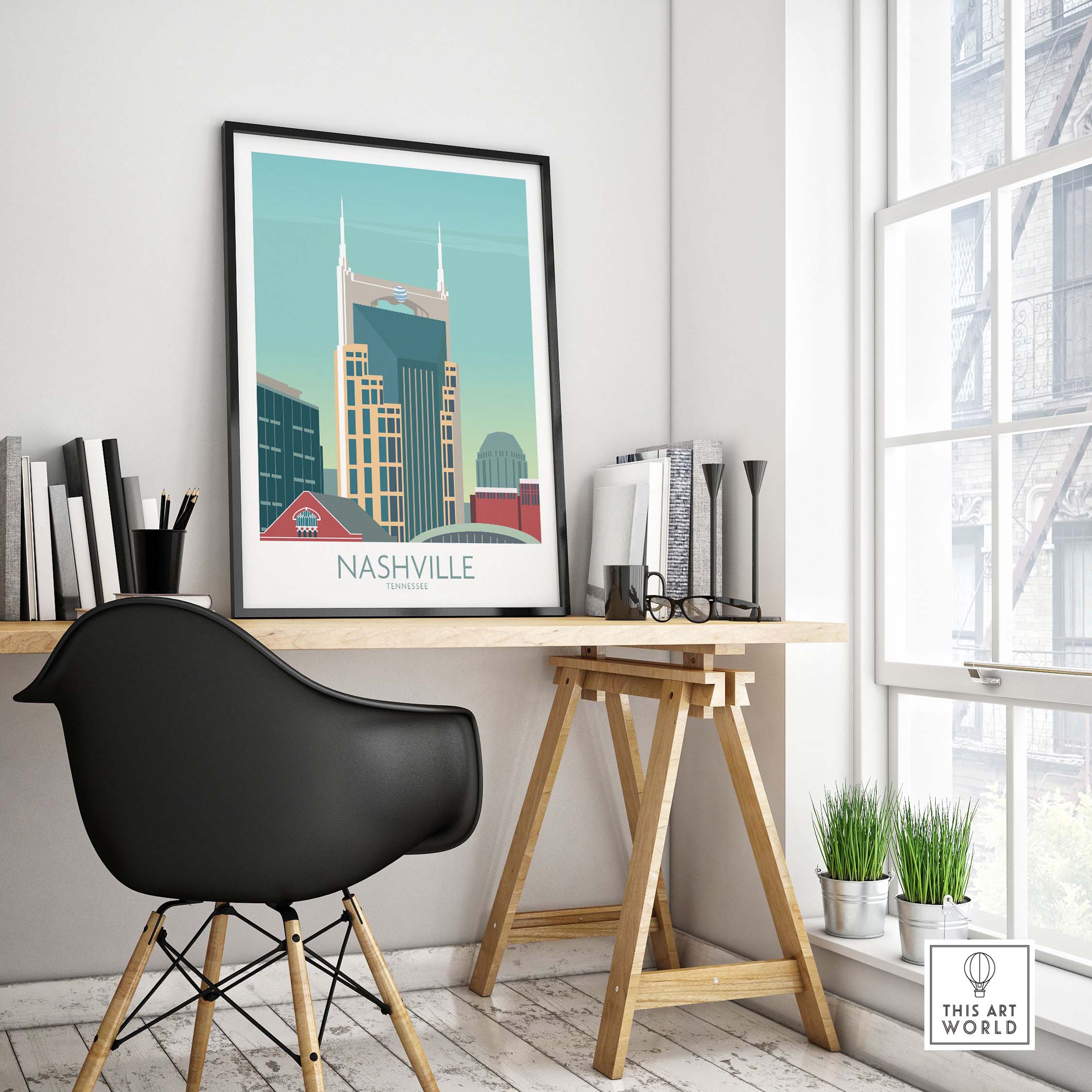 Stylish Nashville poster displayed in a modern office setting, capturing vintage travel art inspiration.