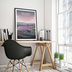 New Forest National Park poster displayed in a minimalist office setting with stylish decor and natural light.