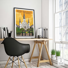 New Orleans art print displayed in a stylish home office, featuring vintage travel poster aesthetic.
