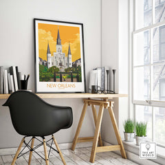Stylish New Orleans poster in a modern workspace, highlighting vintage travel art in warm tones.