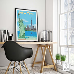 Vintage New York print poster featuring the Statue of Liberty in a stylish home office setting.