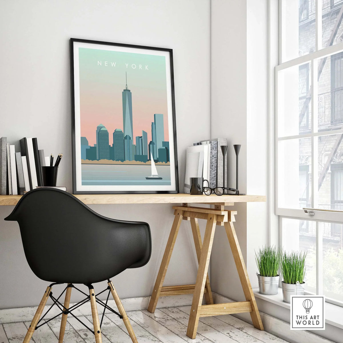 New York City print wall art poster displayed in a modern home office setting with a view of the skyline.