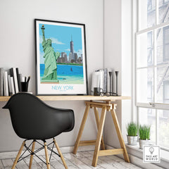 New York City poster featuring the Statue of Liberty in a stylish office setting with modern decor.