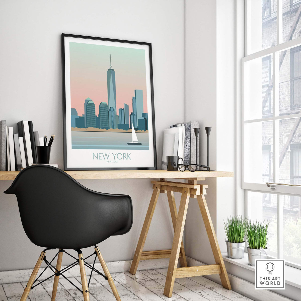 New York Print Poster in modern home office, featuring skyline and sunset colors, capturing vintage travel art style.