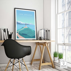 New Zealand Print Wall Art Poster displayed in a modern home office with stylish decor.