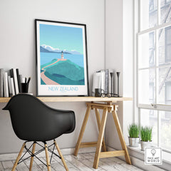 New Zealand vintage travel poster displayed in a modern workspace with stylish decor and natural light.