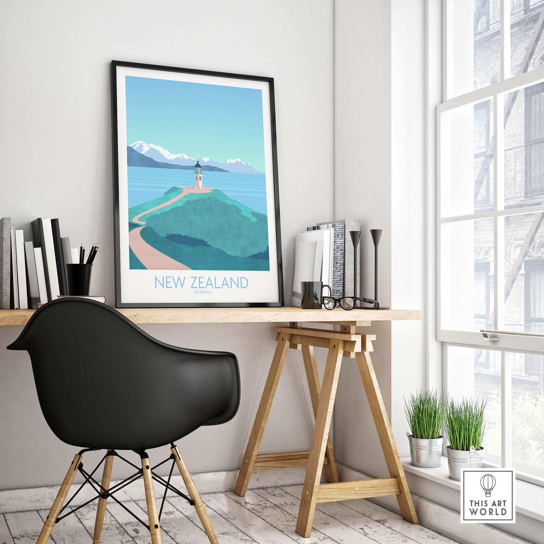 New Zealand vintage travel poster displayed in a modern workspace with stylish decor and natural light.