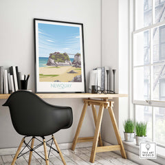 Newquay Cornwall travel poster displayed in a stylish home office setting with modern decor and natural light.
