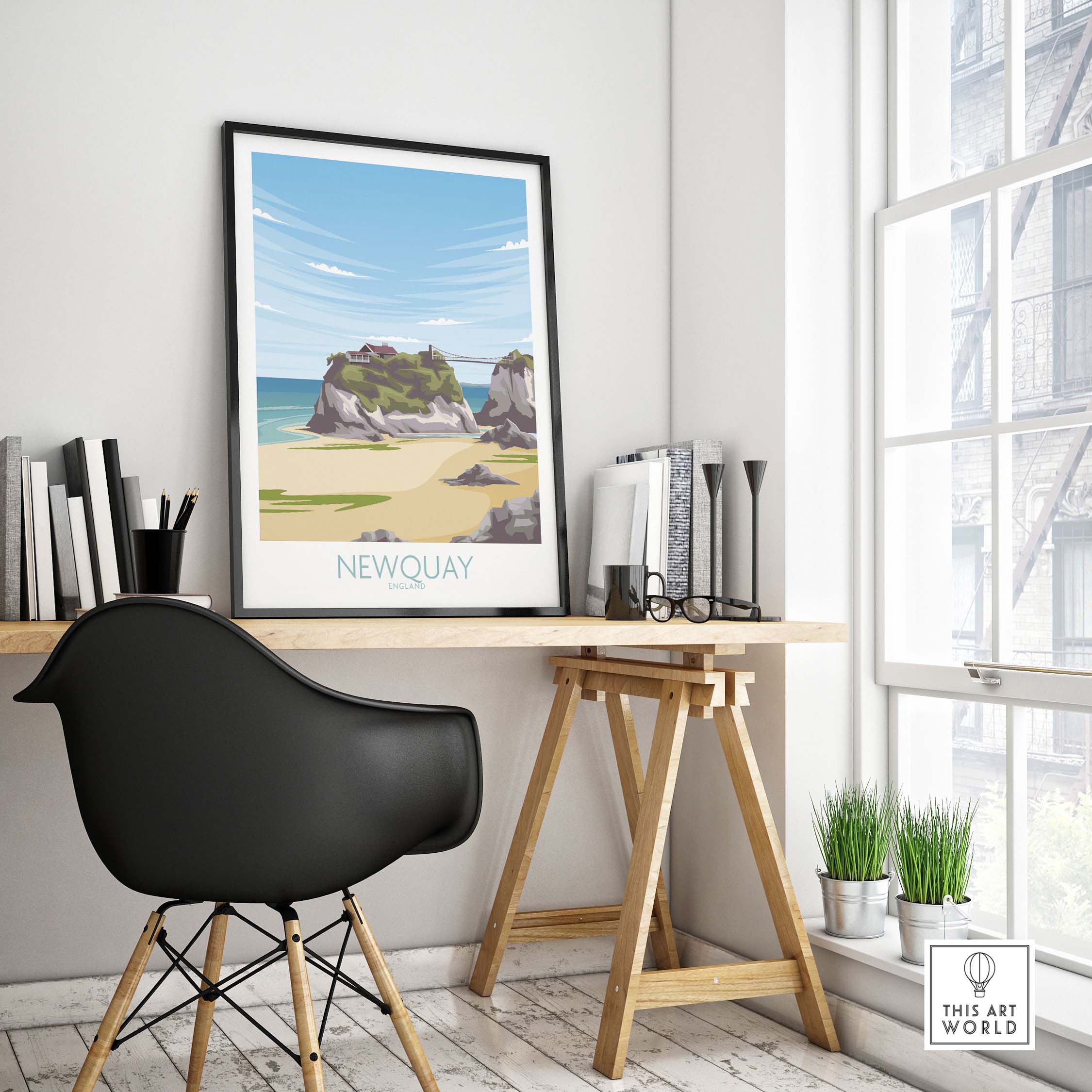 Newquay Cornwall travel poster displayed in a stylish home office setting with modern decor and natural light.